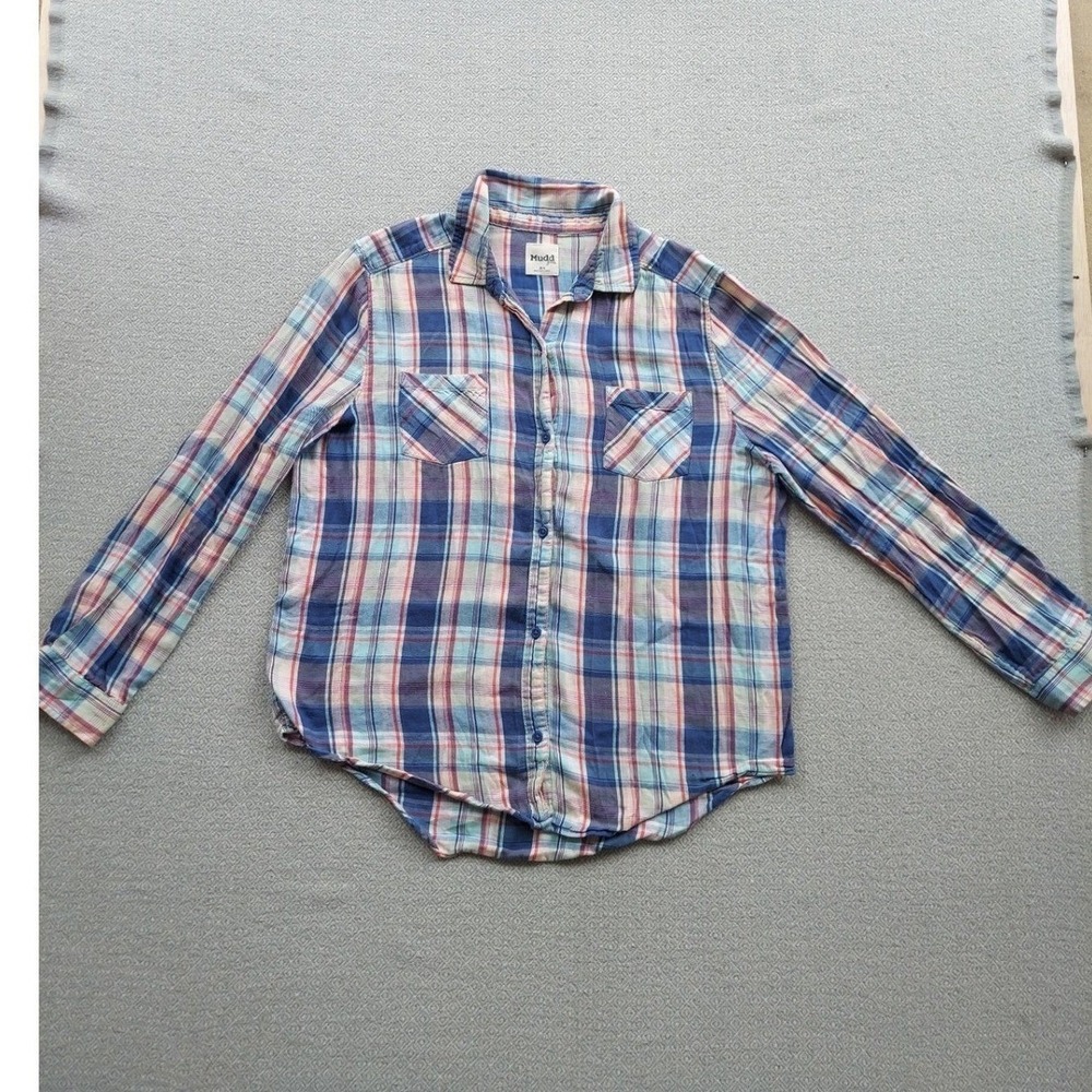 Mudd Button Down Women 20.5 Blue Pink Plaid Girls Long Sleeve Pocket Casual